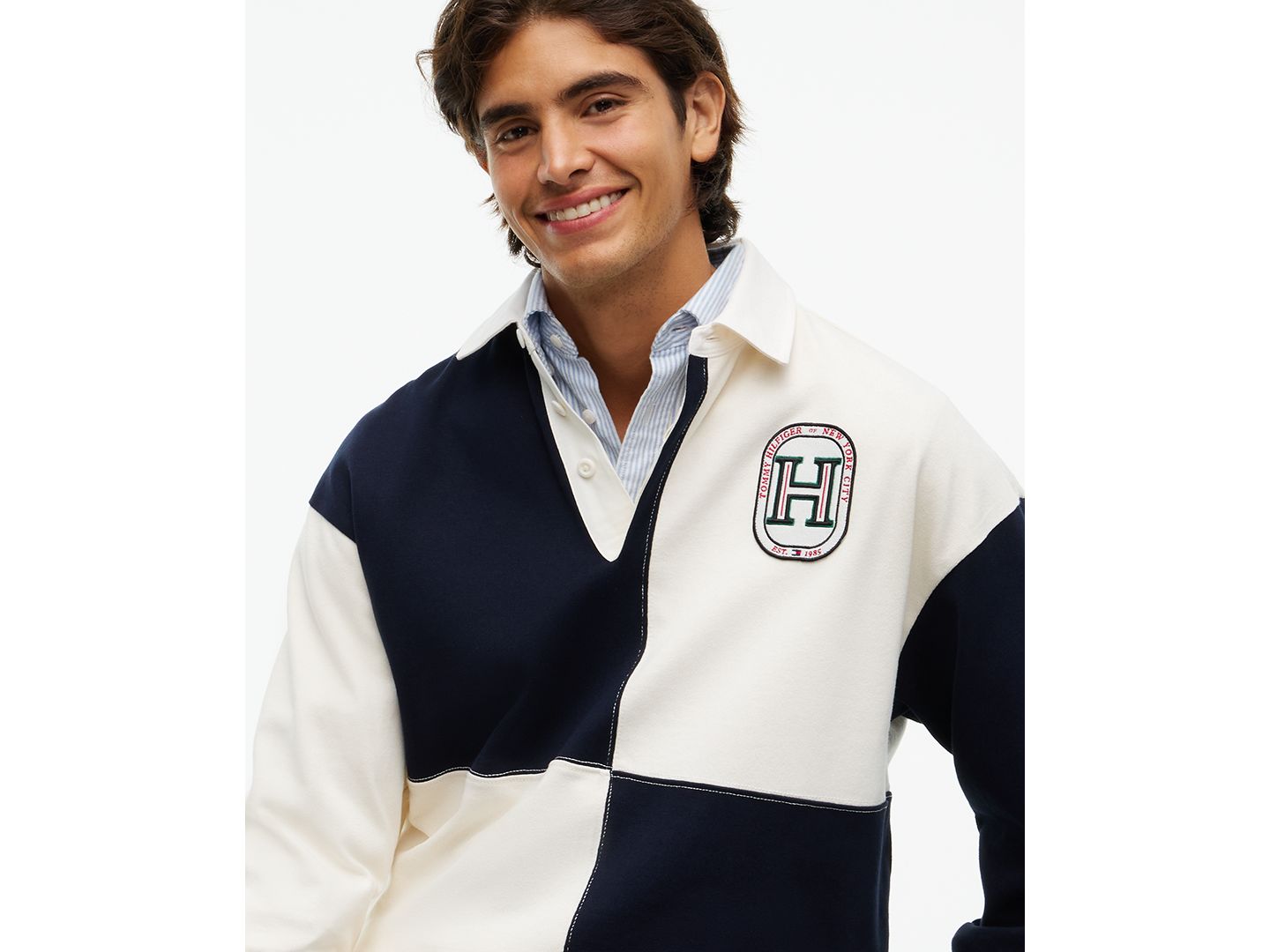 Мужское поло Tommy Hilfiger Varsity Fashion Rugby Colorblock Long-Sleeve Polo Shirt, цвет: Слоновая кость — фото 3