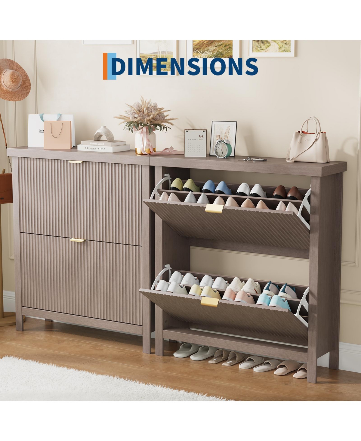 gaomon Striped freestanding entryway shoe cabinet with double-layer flip drawers, adjustable shelves and dust-proof back panel