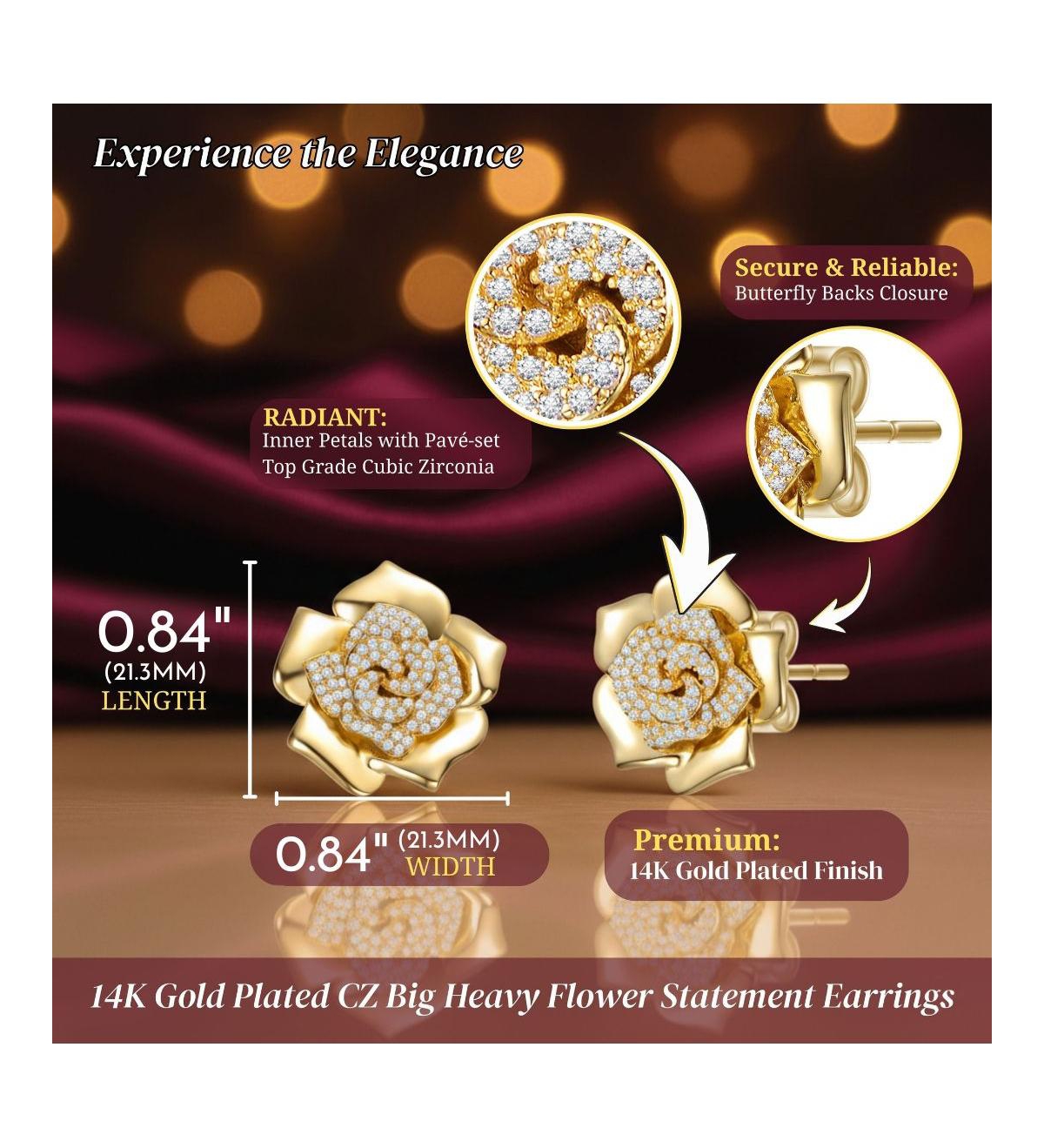 Rachel Glauber 14K Gold Plated Cz Big Heavy Flower Statement Earrings