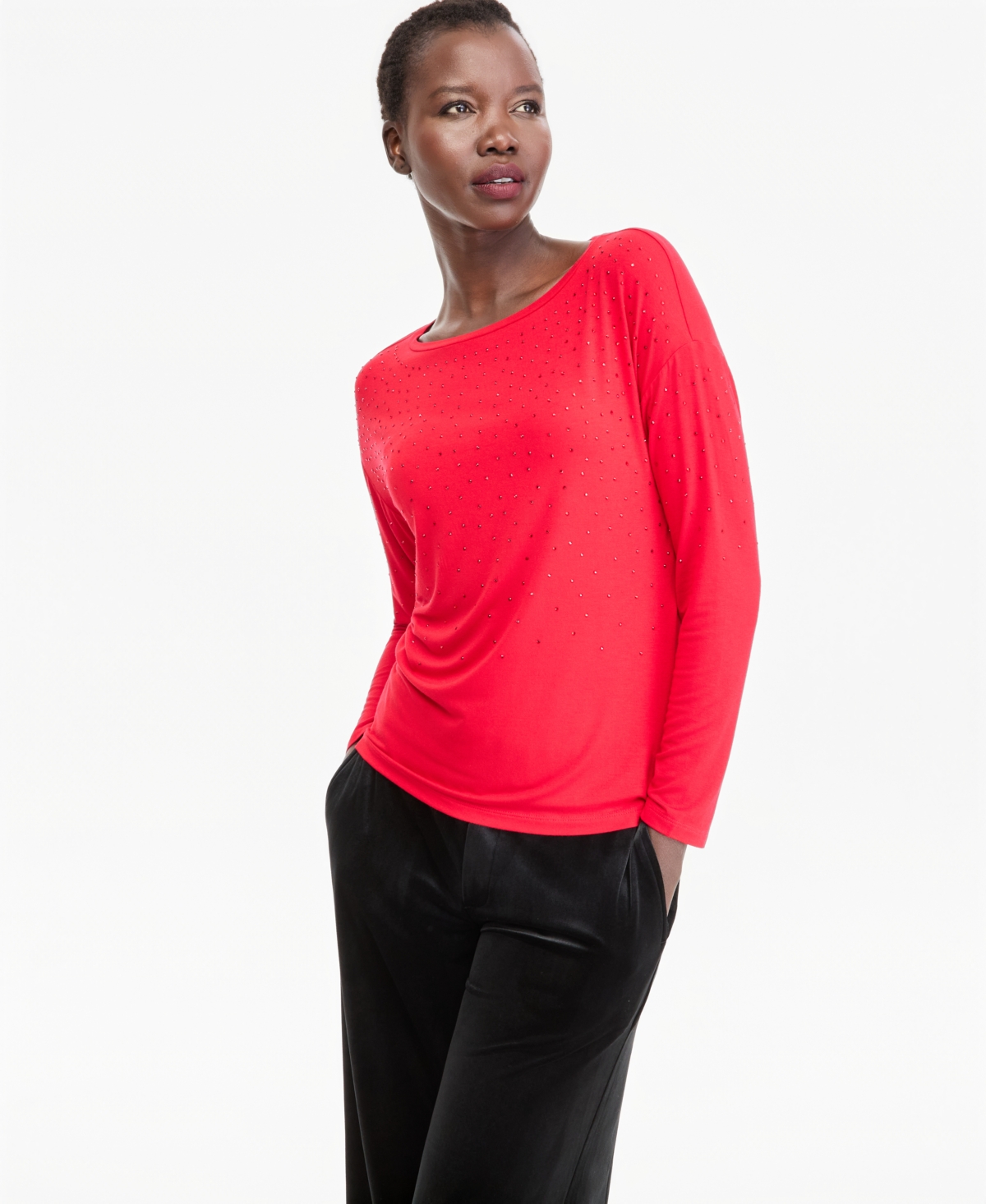I.n.c. International Concepts Women's Crystal Embellished Boat Neck Long-Sleeve T-Shirt, Macy's Exclusive - Real Red