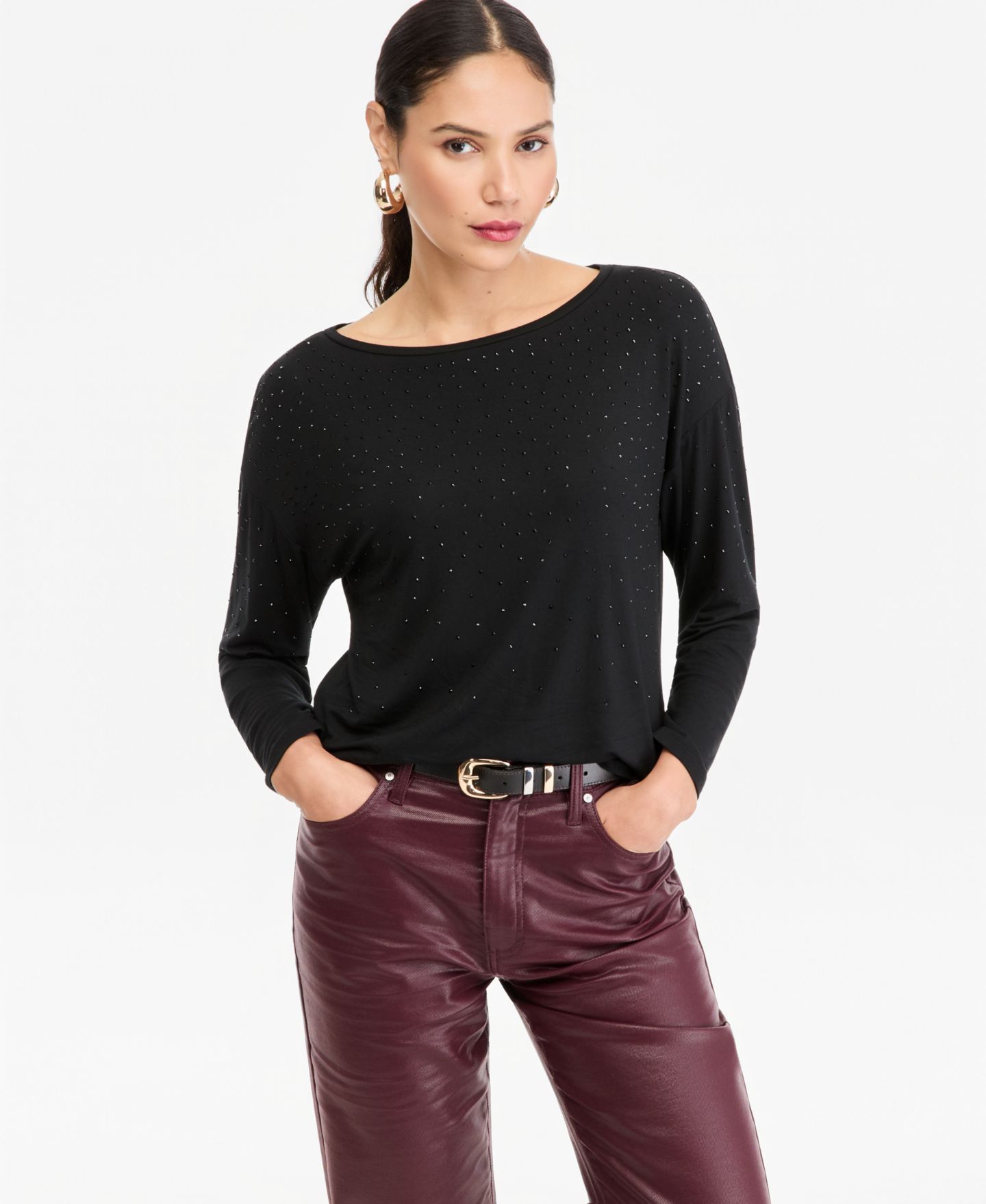 Женская футболка I.N.C. International Concepts Crystal Embellished Boat Neck Long-Sleeve, цвет: Глубокий чёрный — фото 1