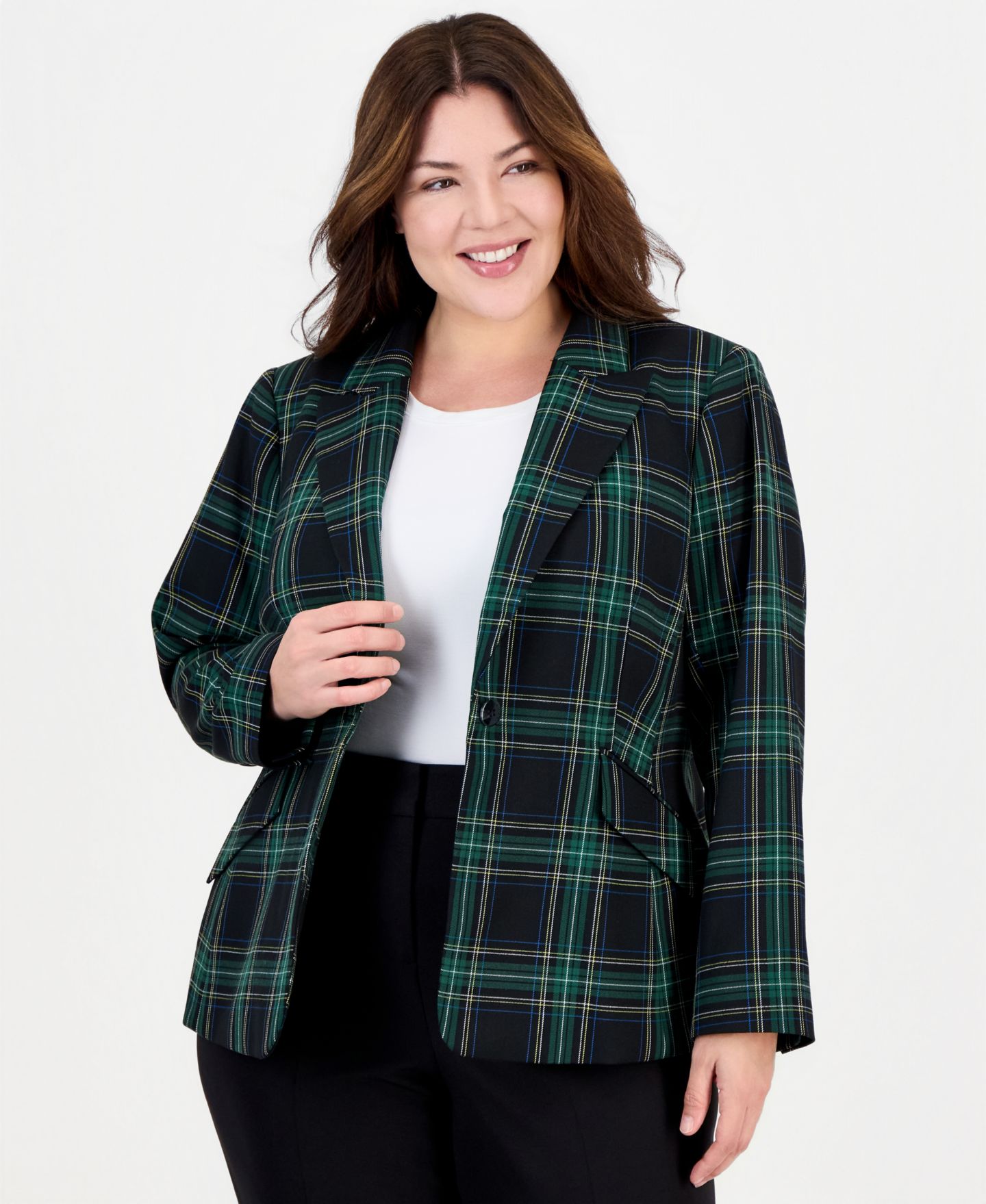 Женский пиджак Tahari Plus Size Plaid Long-Sleeve One-Button Blazer, цвет: Чёрный зимний сосновый — фото 1