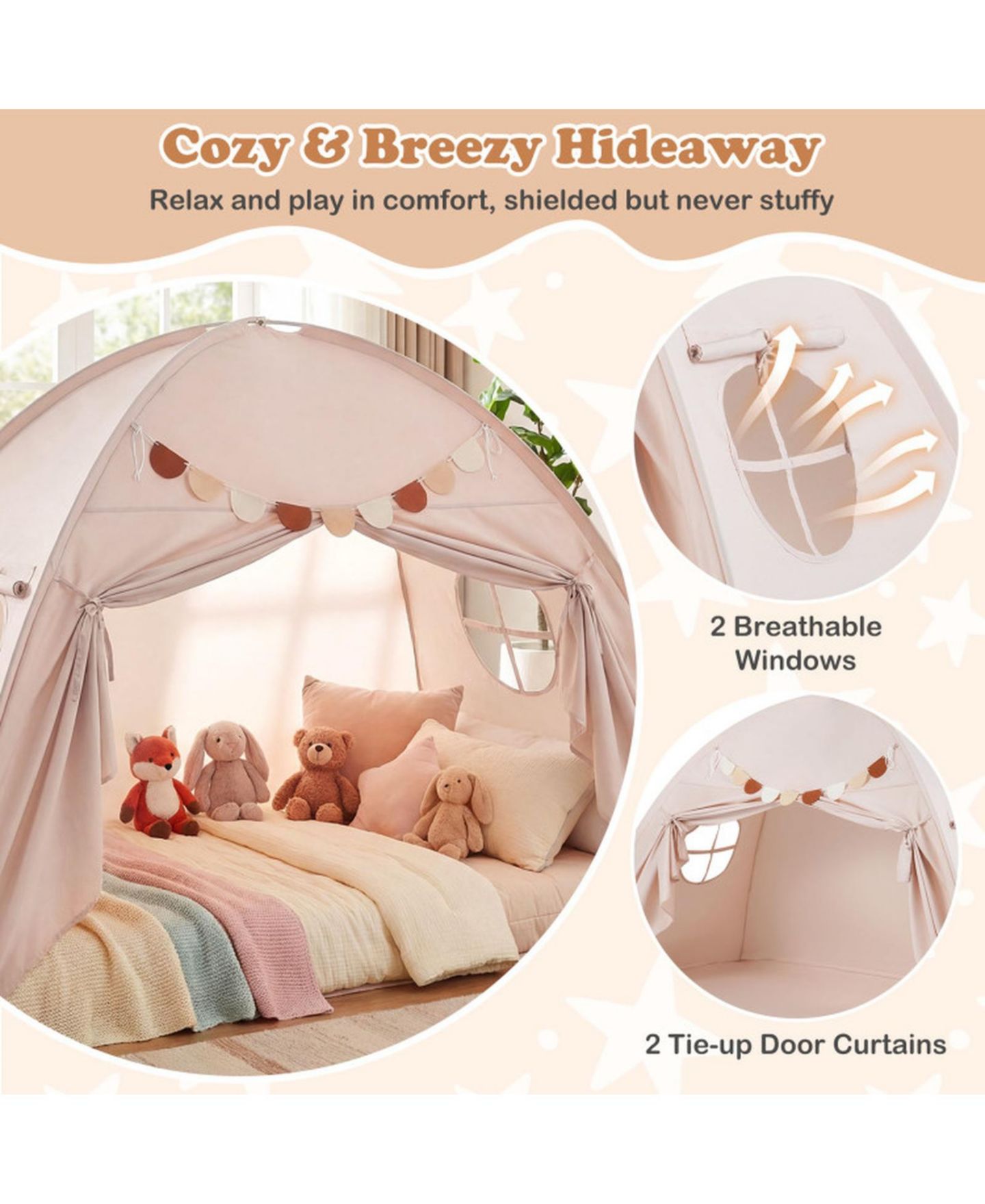 Детская игрушка SUGIFT Twin-Fit Machine-Washable Canopy Bed Tent, Ages 3+, цвет: Натуральный — фото 7