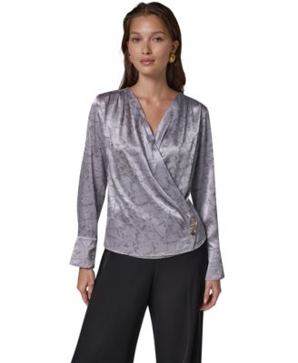 Women's Faux-Wrap V-Neck Long-Sleeve Blouse