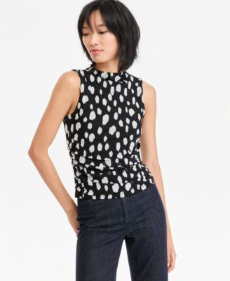 Women's Mock-Neck Printed Mesh Sleeveless Top