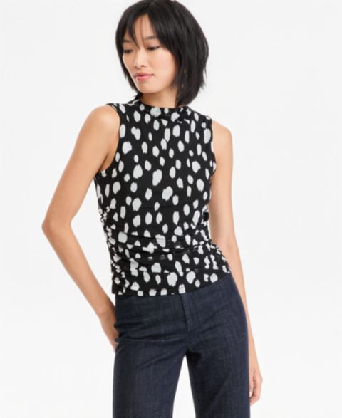 Женский топ I.N.C. International Concepts Mock-Neck Printed Mesh Sleeveless Top, цвет: Чёрный