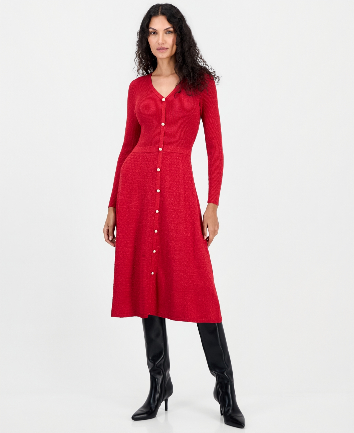 T Tahari Women's Long-Sleeve Fit & Flare Midi Dress