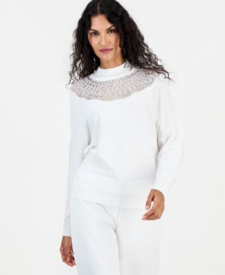 Women's Mock-Neck Dolman-Sleeve Lace Sweater