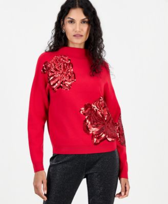 Women's Sequin-Embellished Floral Mock Neck Sweater