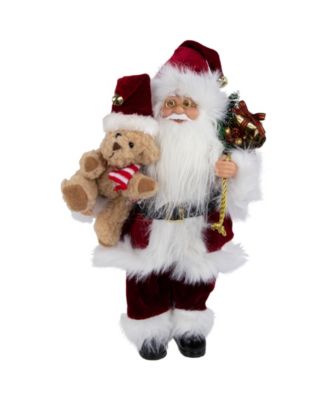 Traditional Santa Claus 12" Christmas Figure with Teddy Bear and Gift Bag