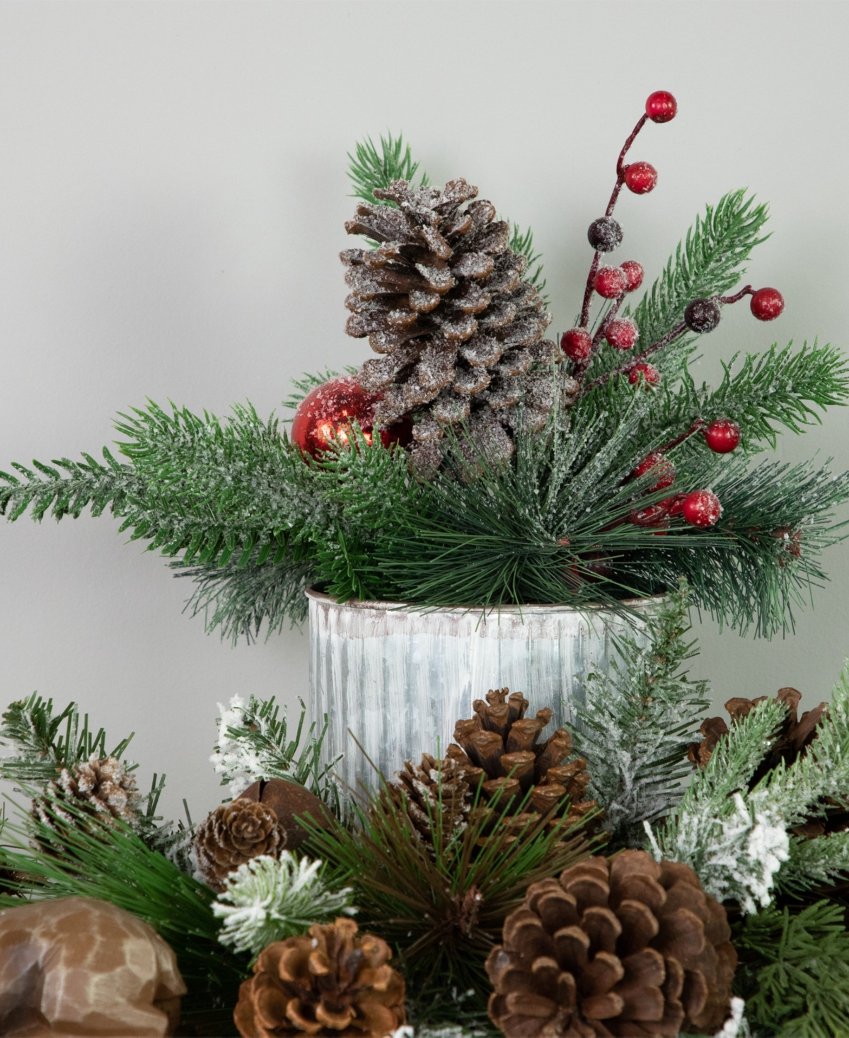 Northlight Frosted Pine Berries and Pine Cones 12" Floral Arrangement in Tin Pot