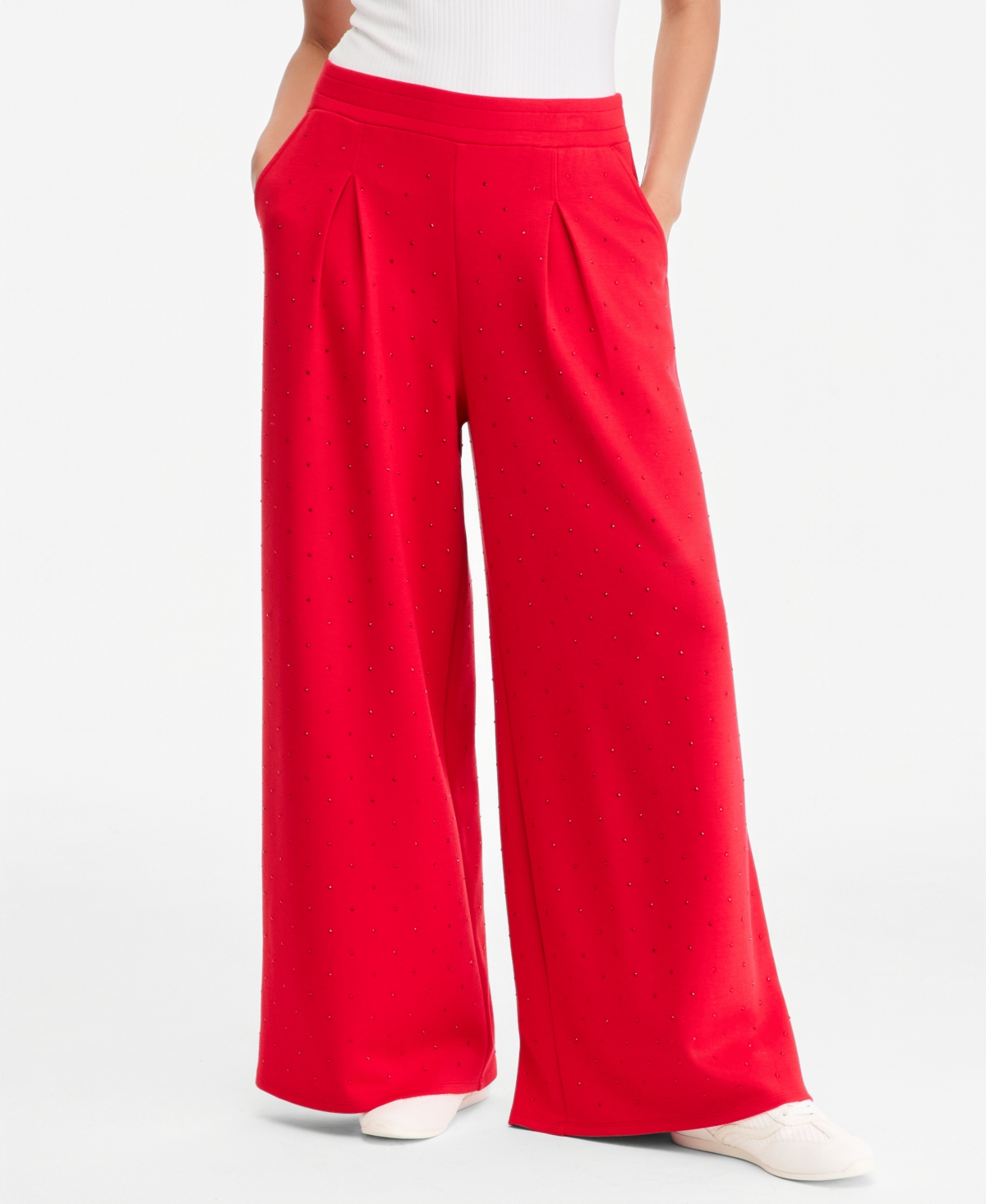 I.n.c. International Concepts Women's High-Rise Wide-Leg Rhinestone-Embellished Pants, Macy's Exclusive - Real Red