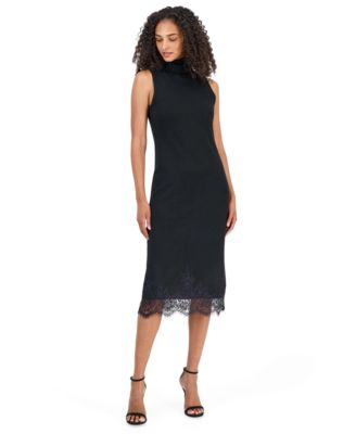 Women's Mock Neck Lace Trim Midi Dress