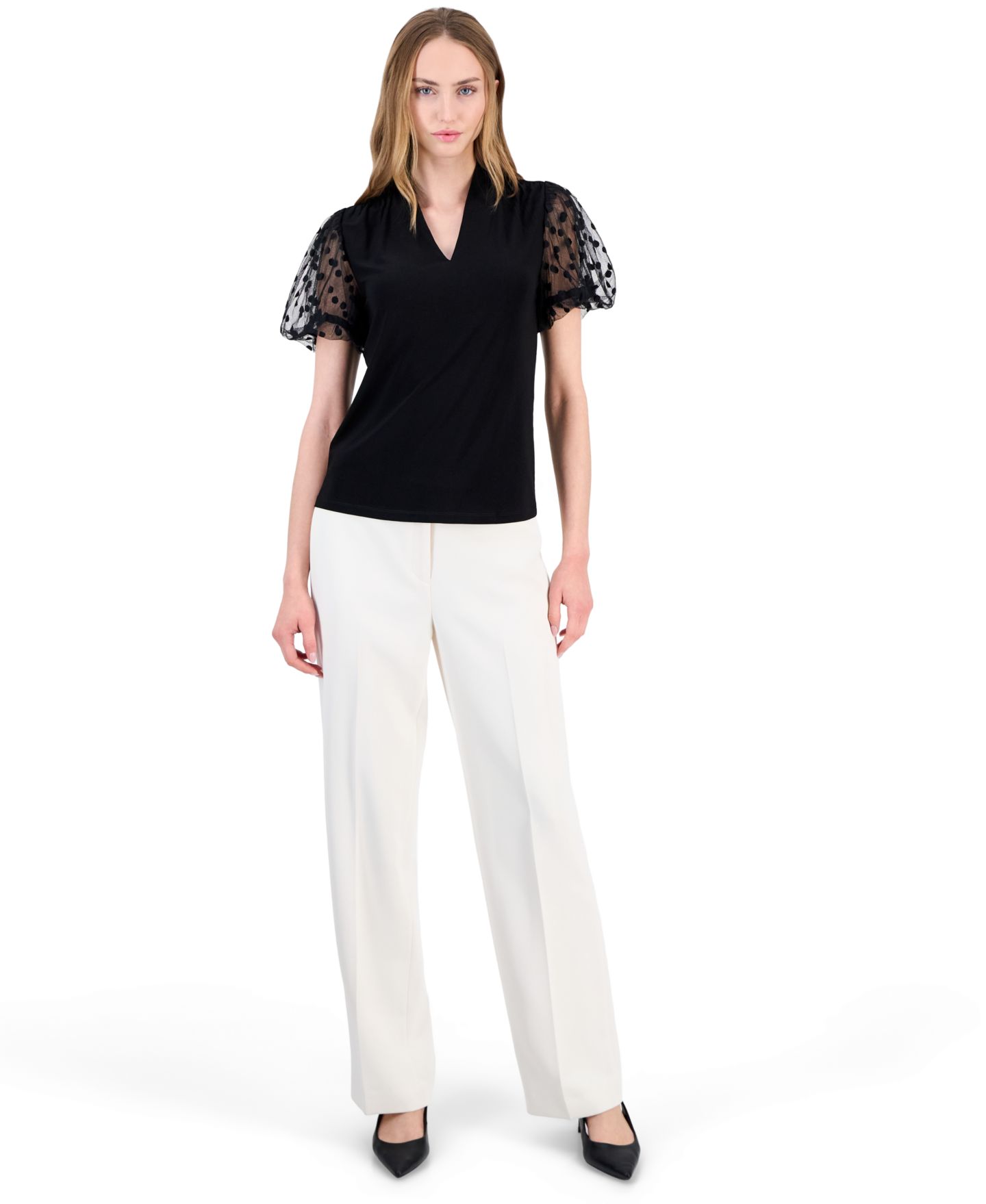 Женская блузка Anne Klein V-Neck Bubble Sleeve Short-Sleeve, цвет: Чёрный — фото 4