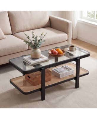 2-Tier Coffee Table with Storage, Tempered Glass Top, PE Rattan Shelf and Wood Frame