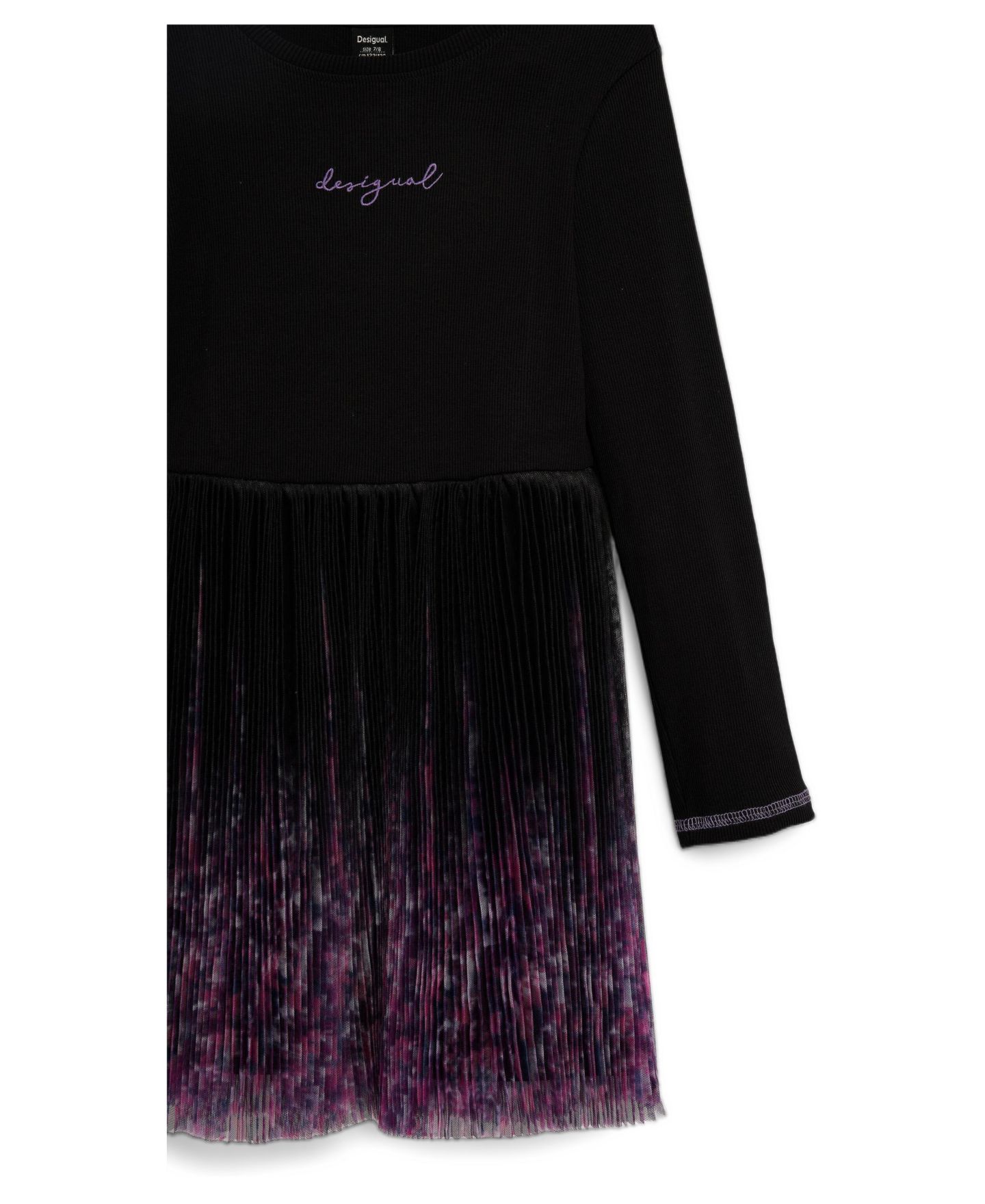 Платье Desigual Long-Sleeve Fit & Flare Floral-Print Cotton-Blend Dress для девочек, цвет: Чёрный — фото 2