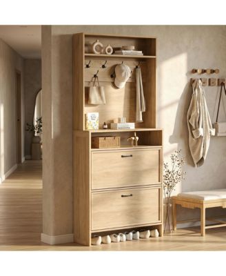 Slim Entryway Shoe Storage Cabinet, Hall Tree with 7 Coat Hooks and Open Shelf, Adjustable Shelf, Anti-Tip Kit