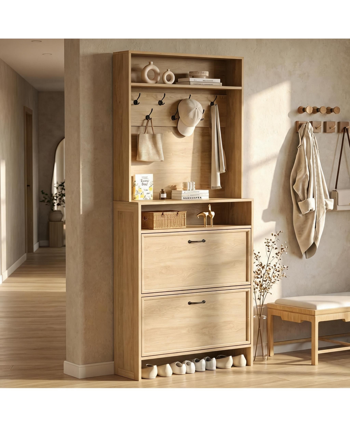 Slim Entryway Shoe Storage Cabinet, Hall Tree with 7 Coat Hooks and Open Shelf, Adjustable Anti-Tip Kit