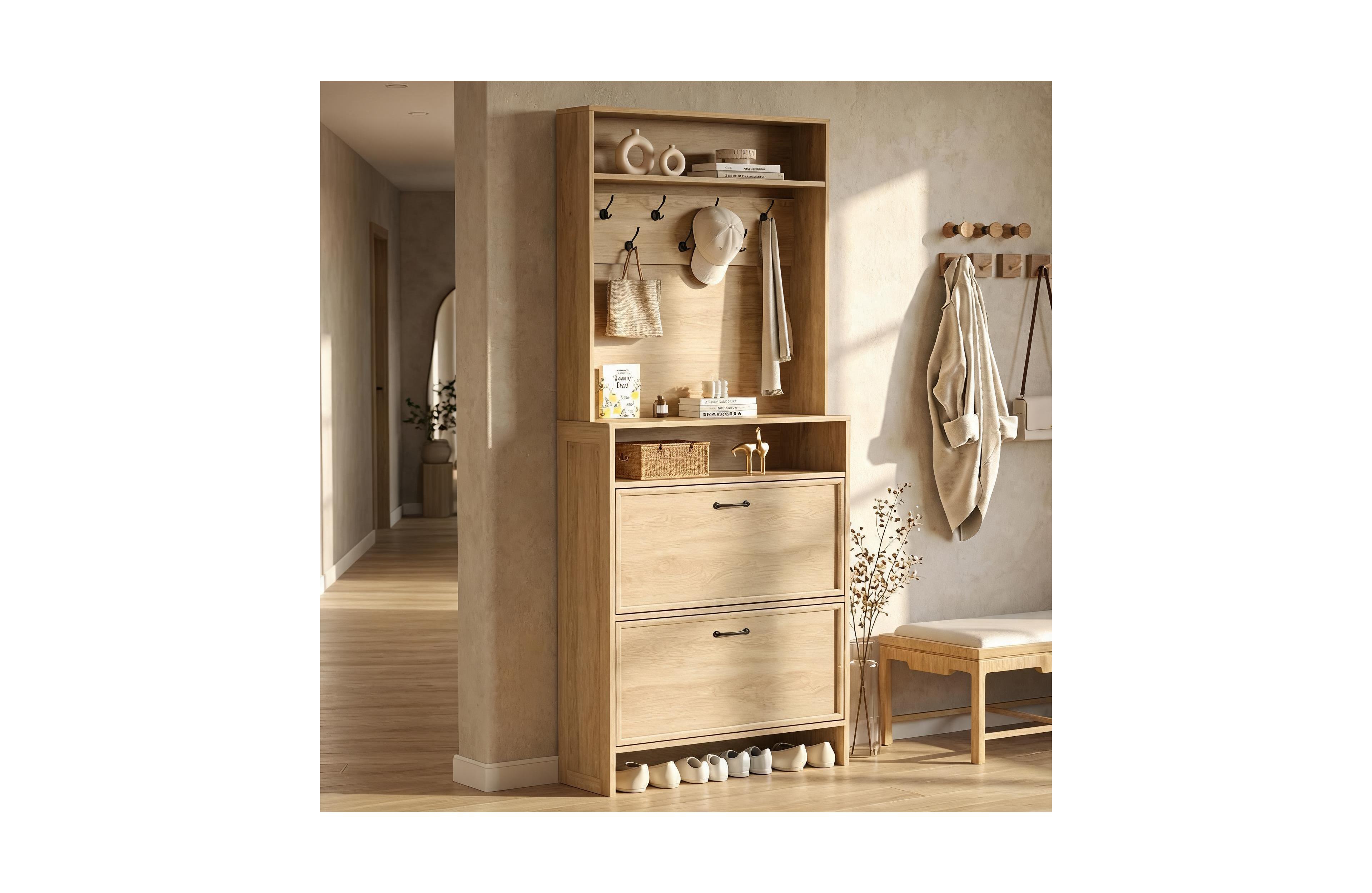 Slim Entryway Shoe Storage Cabinet, Hall Tree with 7 Coat Hooks and Open Shelf, Adjustable Anti-Tip Kit
