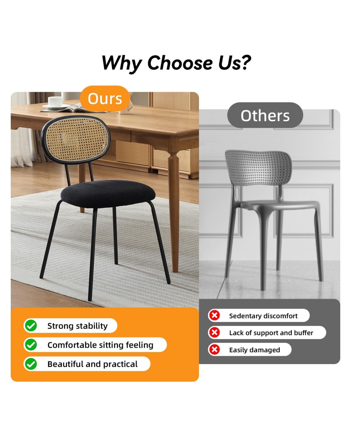 homfan Dining Chairs Set of 2, Mid-Century Modern Velvet Upholstered Chairs with Rattan Backrest and Metal Legs, for Kitchen, Living Room, Reception