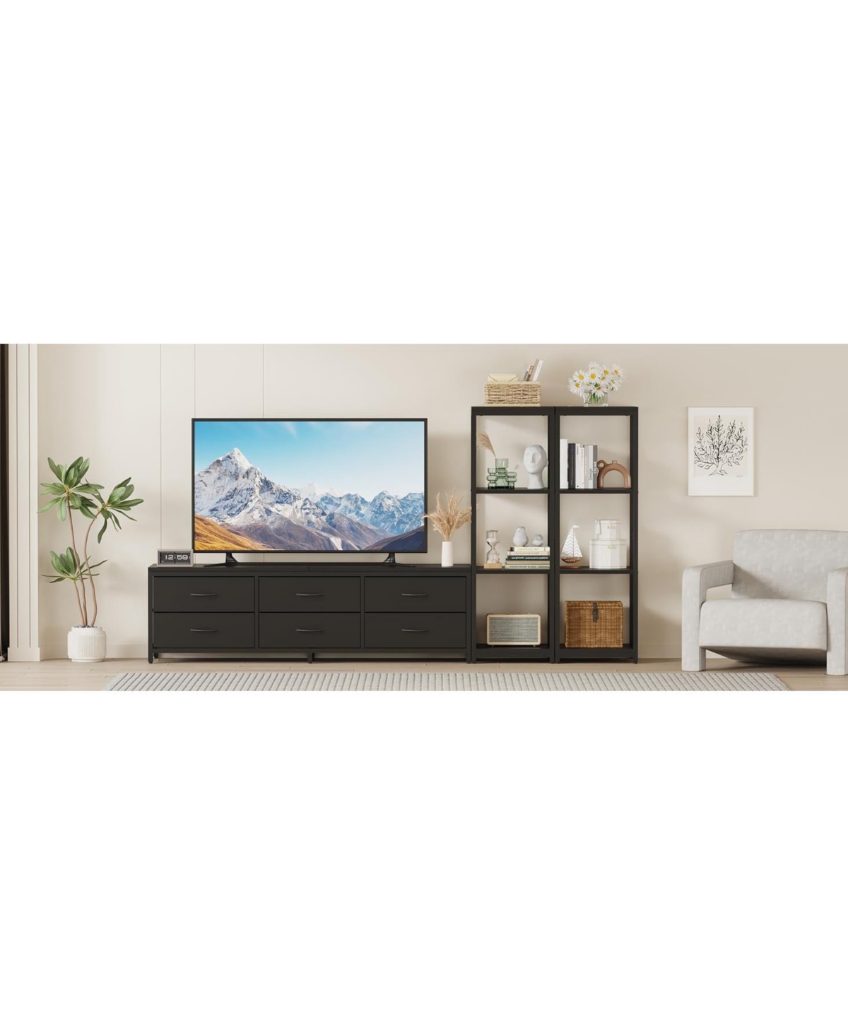 gaomon Tv Stand for 75 Inch Tv, Entertainment Center with Fabric Drawers & 4-Tier Open Shelves - Black