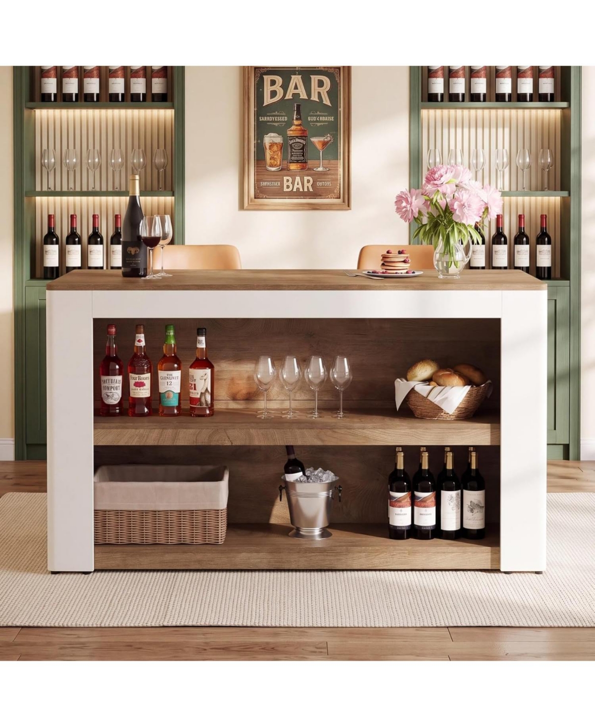 Tribesigns 55.1" Home Bar Unit with 3-Tier Storage Shelves - Brown and white
