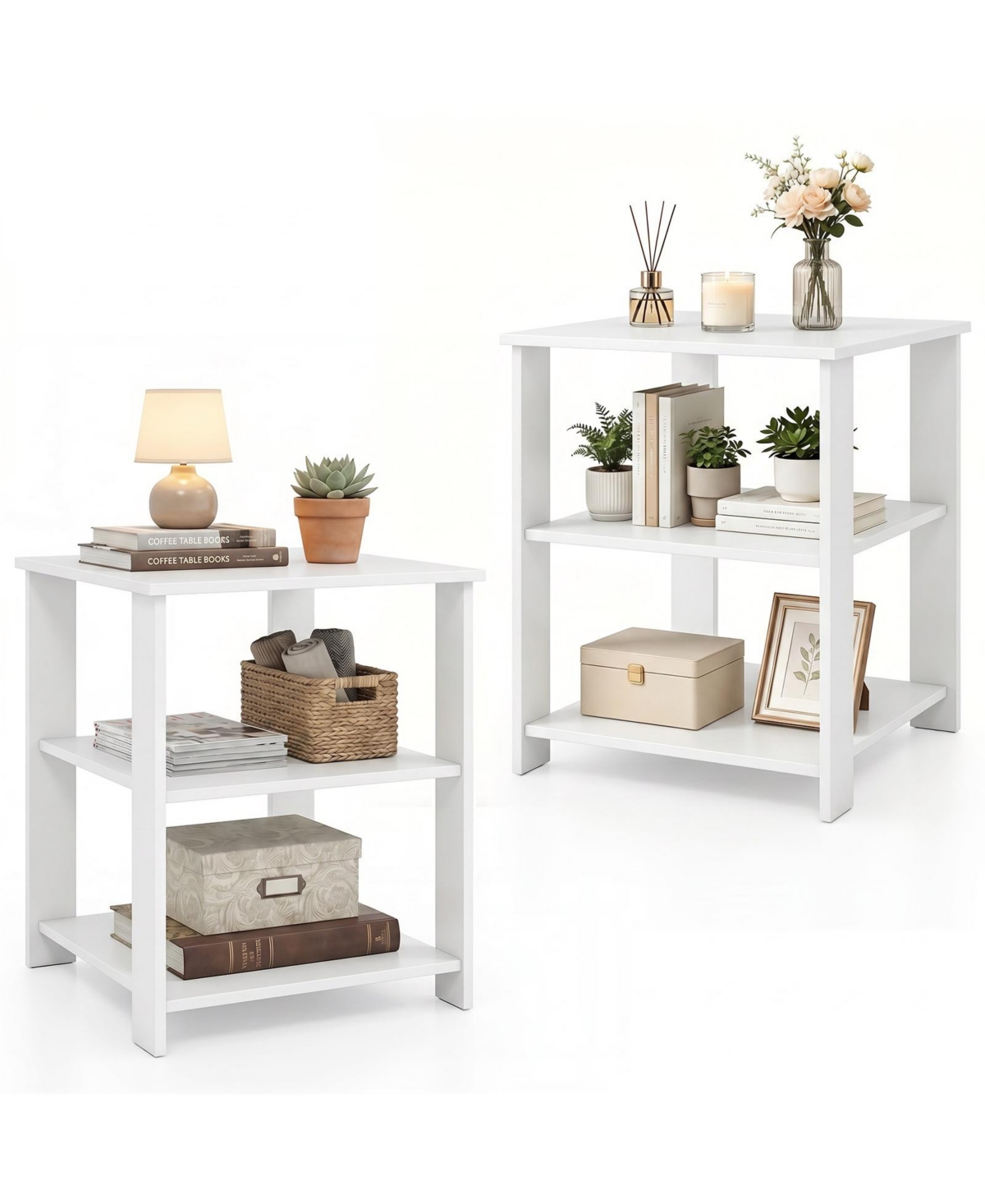 Gymax 2PCS 3-Tier End Table Square Side Table with Open Storage Shelves for Living Room - White