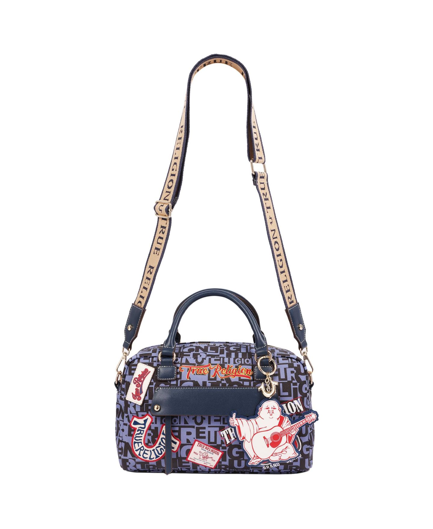 Женская сумка True Religion Multi Patch Graphic Satchel with Detachable Guitar Buddha Charm - Convertible Crossbody Handbag, цвет: Синий — фото 7