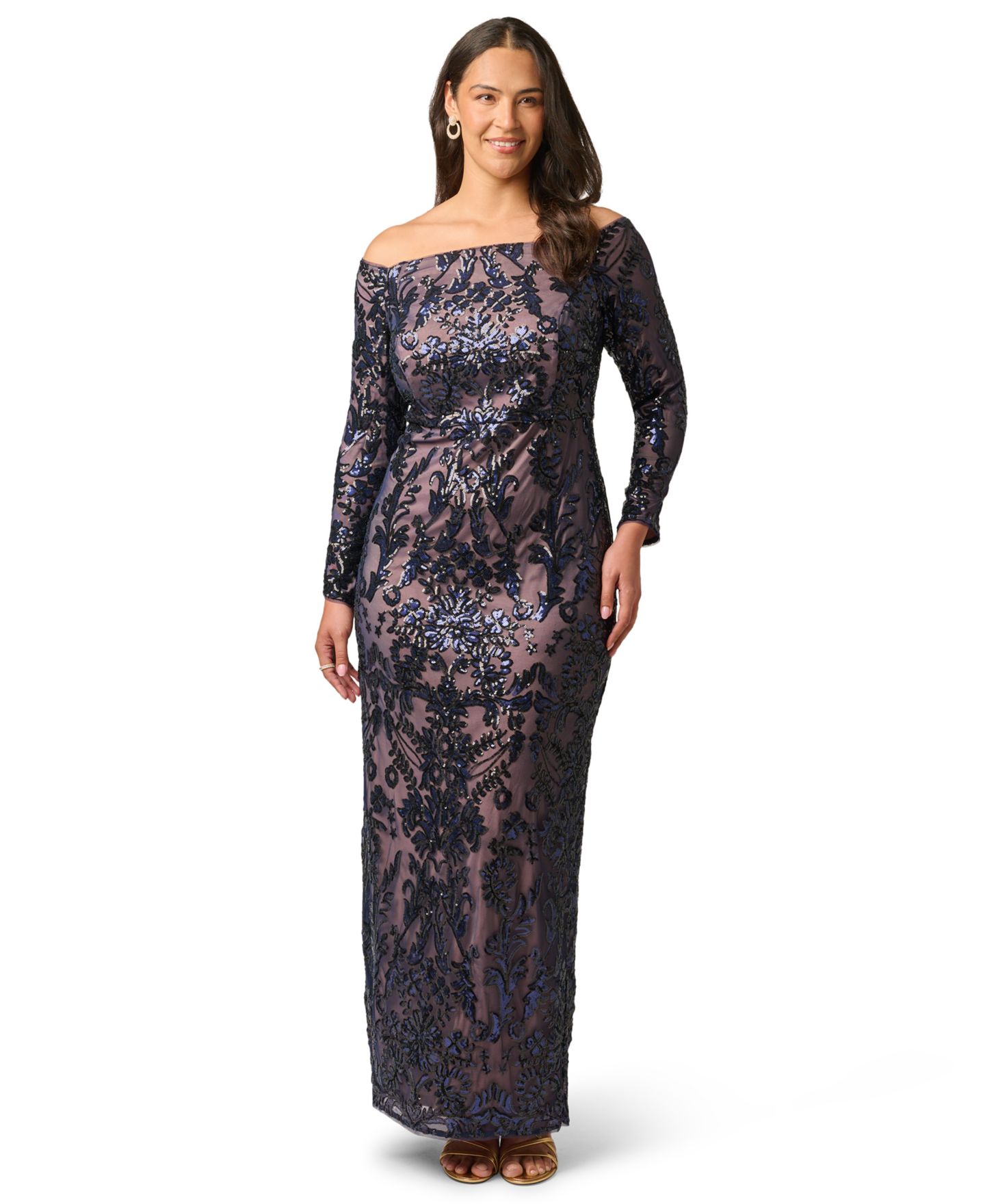 Женские платья Adrianna Papell Plus Size Sequin Off-the-Shoulder Gown, цвет: Тёмно-синий розовый золотой — фото 1