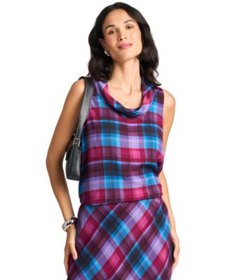 Women's Plaid Cowl Neck Sleeveless Blouse