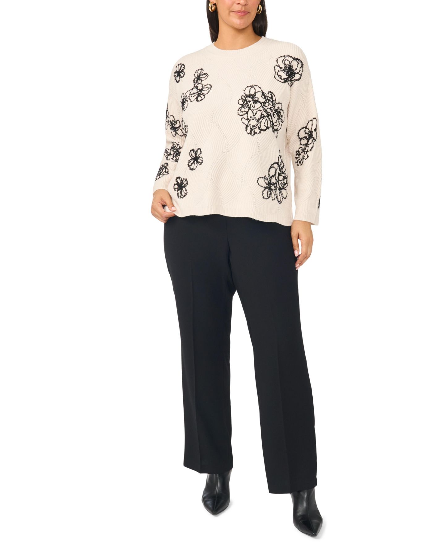 Женский свитер Vince Camuto Plus Size Floral-Embroidered Long-Sleeve Crewneck, цвет: Меланжевый — фото 2