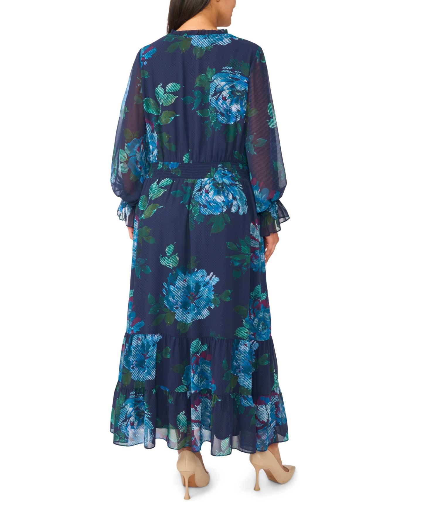 Женское платье Vince Camuto Plus Size Floral-Smocked Maxi, цвет: Насыщенный тёмно-синий — фото 3