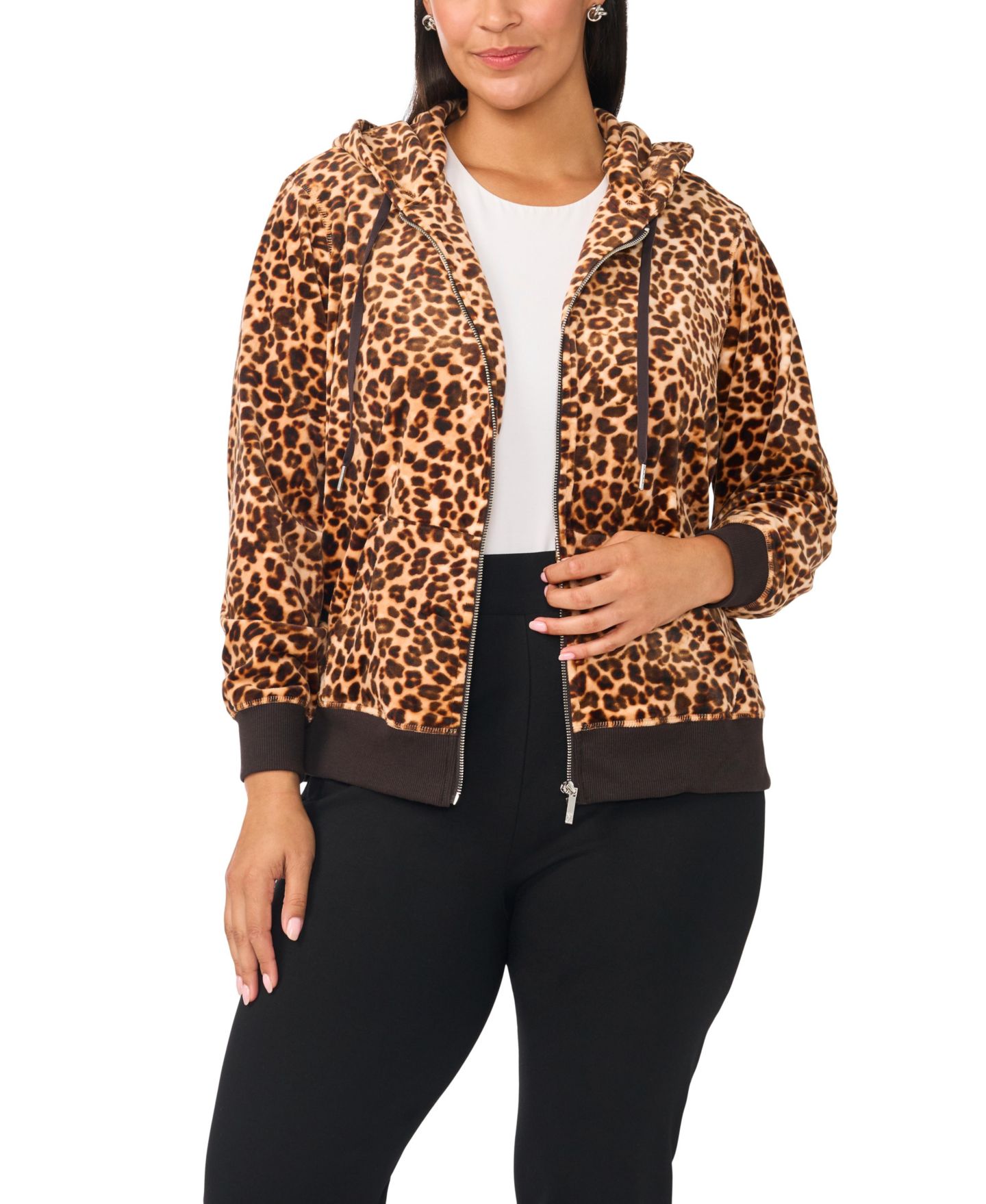 Женское худи Vince Camuto Plus Size Leopard-Print Full-Zip, цвет: Имбирный — фото 9