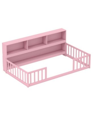 Twin Size Montessori Floor Bed with Built-In Bookcase and Safety Fence Rails