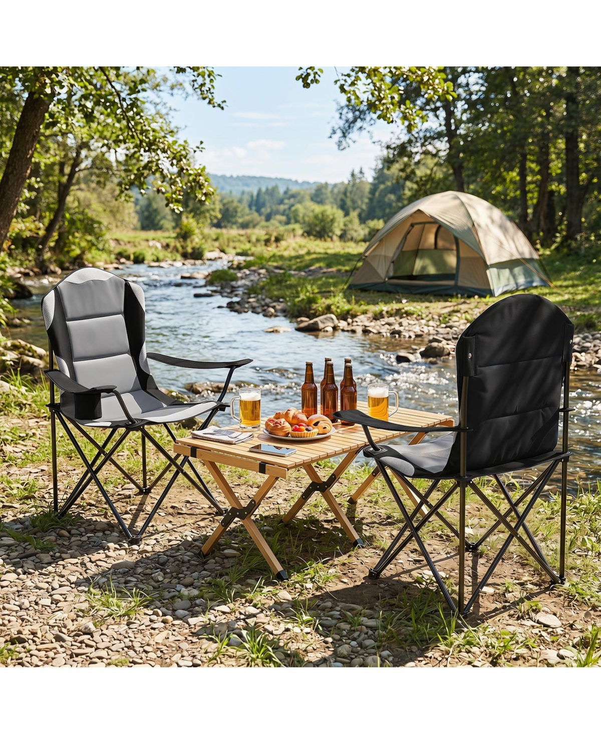 Gymax 2 Pieces Folding Camping Chairs With Cup Holders and Carrying Bags Padded Seat