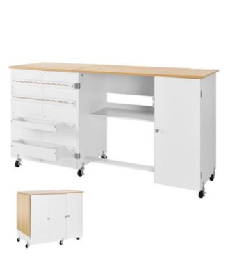 Multipurpose Folding Sewing Machine Table for Home Craft - Sewing Table Cabinet, Charging Station, Wheels, Wooden Pegs, Storage Trays and Shelf
