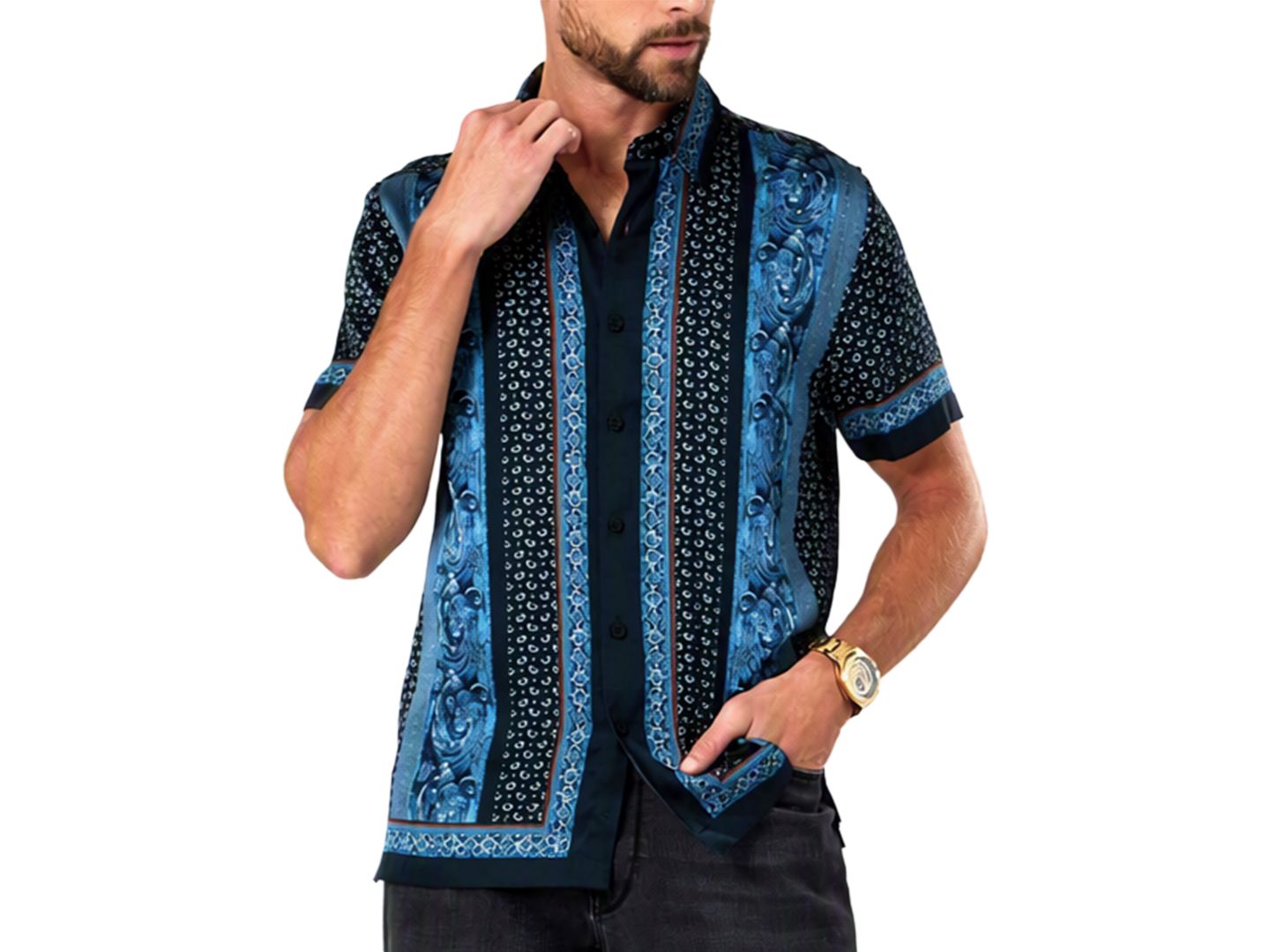 Мужская рубашка GUESS Hugh Paisley Charm Short-Sleeve Classic-Fit, цвет: С принтом тёмно-синий — фото 1