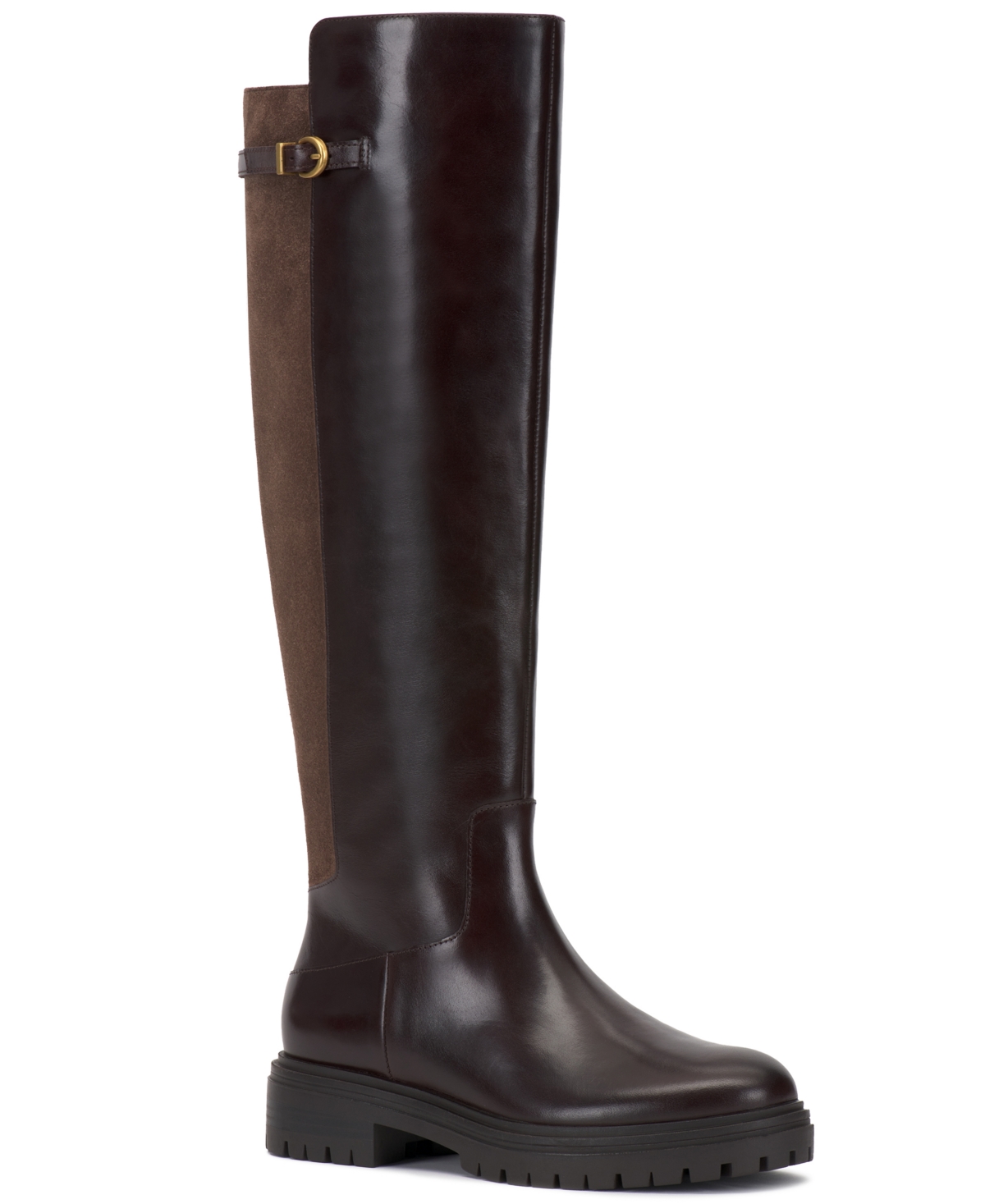 Vince Camuto Women's Bertala Wide-Calf Lug Riding Boots - Brownie Leather/Toasted Taupe Suede