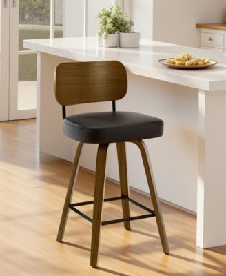 26" Swivel Bar Stool, Faux Leather with Bentwood Frame and Footrest, Counter Height for Kitchen Island, Mid-Century Modern