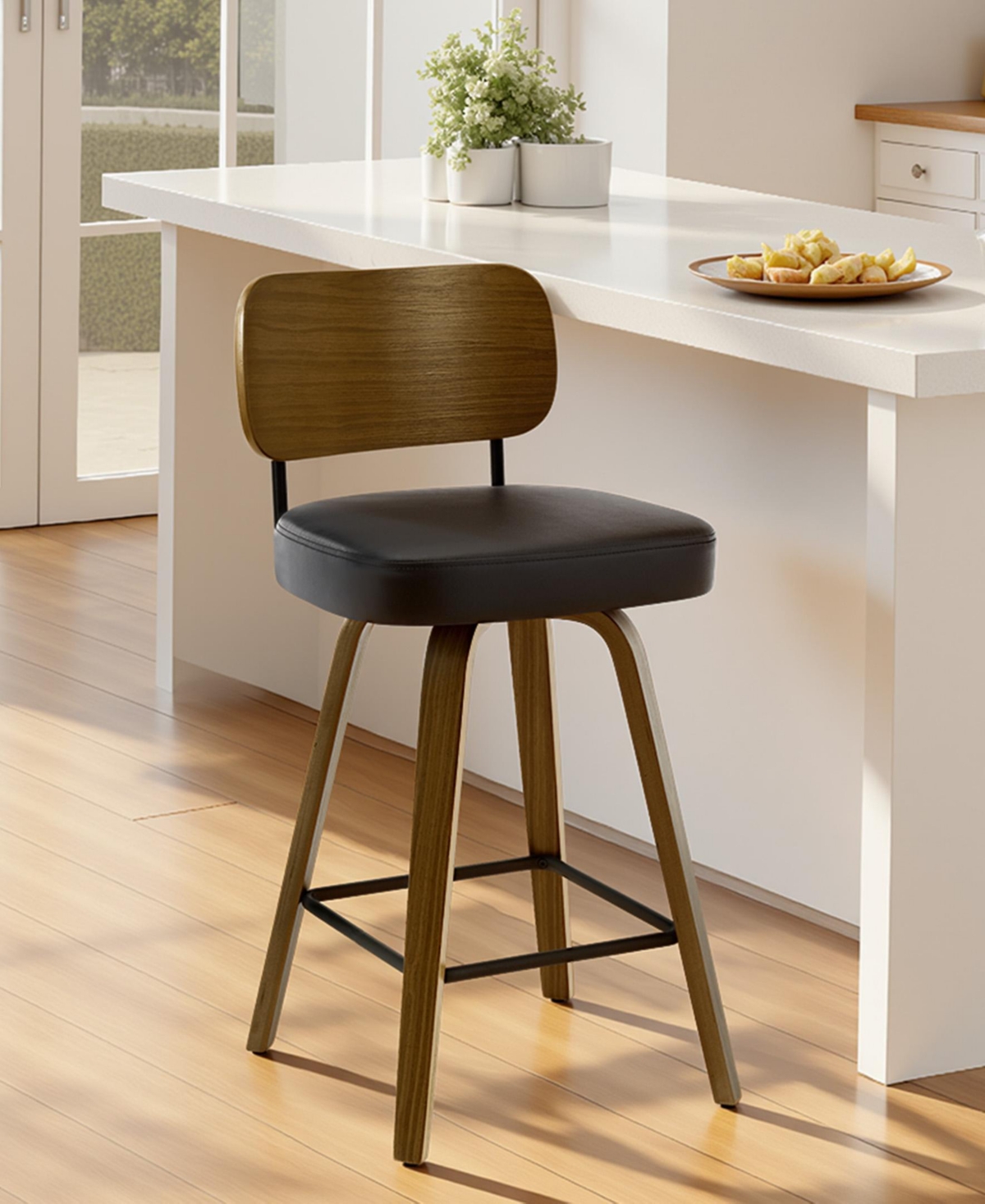 Bekrvio 26" Swivel Bar Stool, Faux Leather with Bentwood Frame and Footrest, Counter Height for Kitchen Island