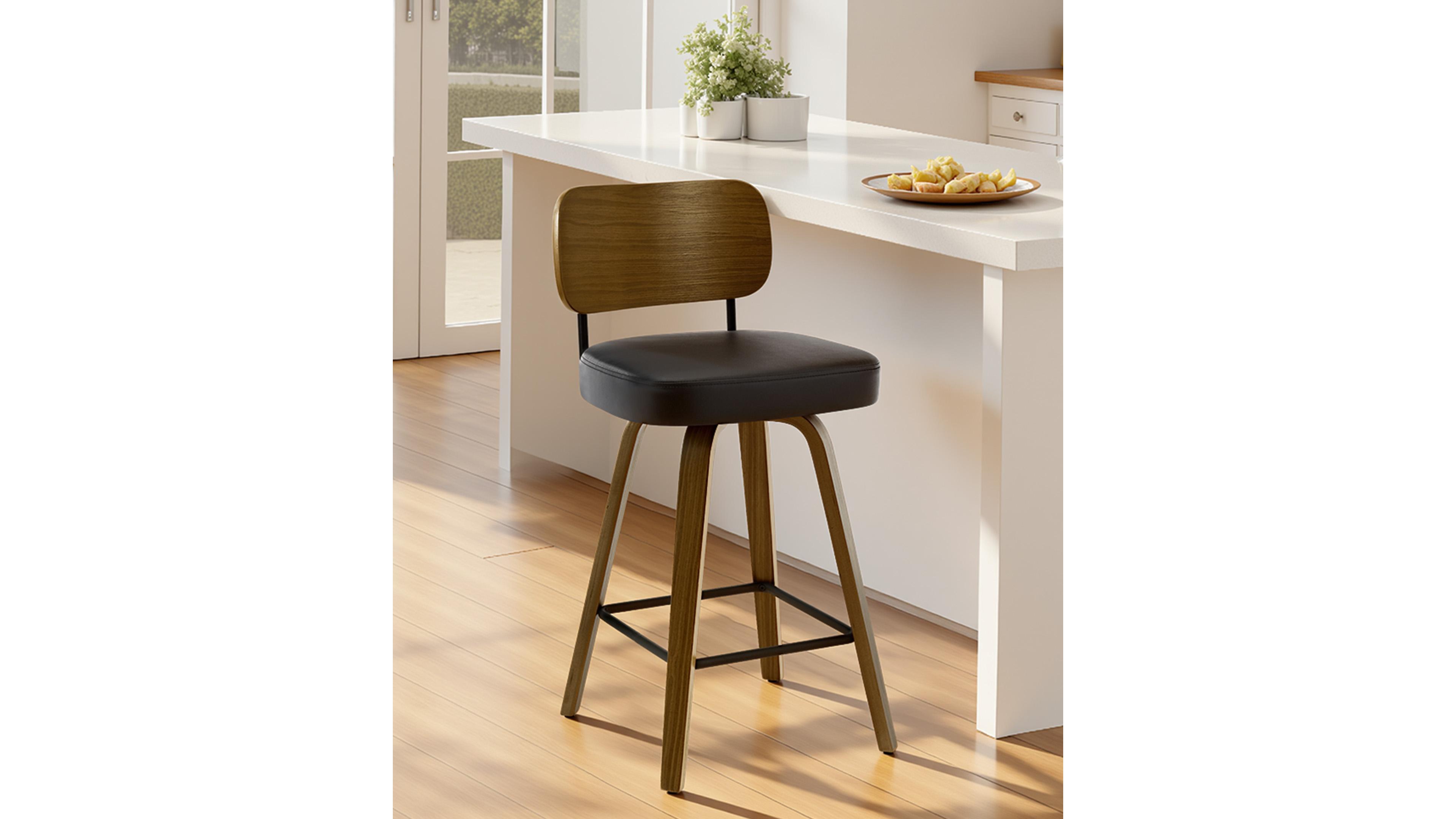 Bekrvio 26" Swivel Bar Stool, Faux Leather with Bentwood Frame and Footrest, Counter Height for Kitchen Island