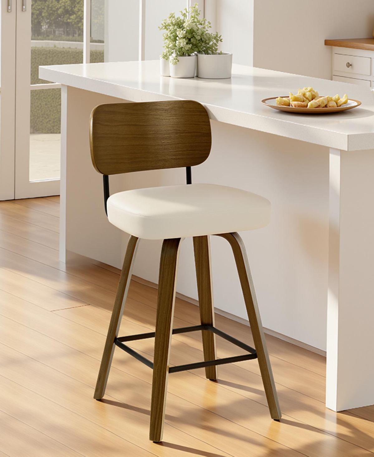 Bekrvio 26" Swivel Bar Stool, Faux Leather with Bentwood Frame and Footrest, Counter Height for Kitchen Island, Mid-Century Modern - White