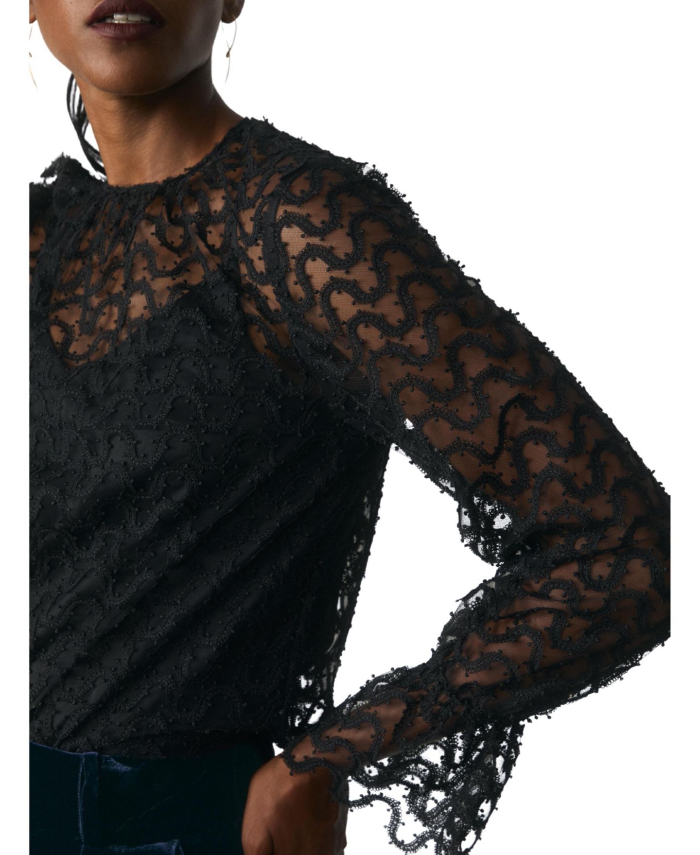 Женская блузка The Fold Aliano Sheer Embroidered Lace Beaded Long-Sleeve, цвет: Чёрный — фото 5