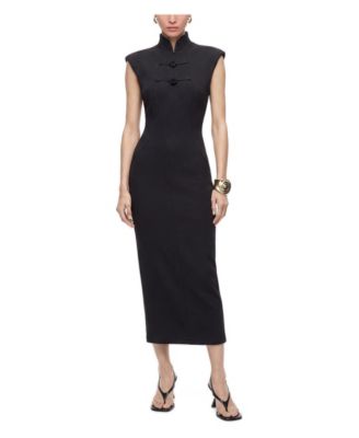 Women's Padded Shoulder Button Detail Maxi Dress