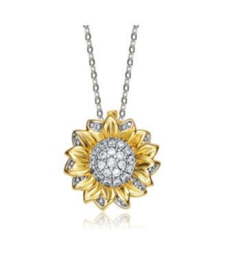 Elegant Two-Tone Cubic Zirconia Pave Sunflower Floral Pendant Necklace
