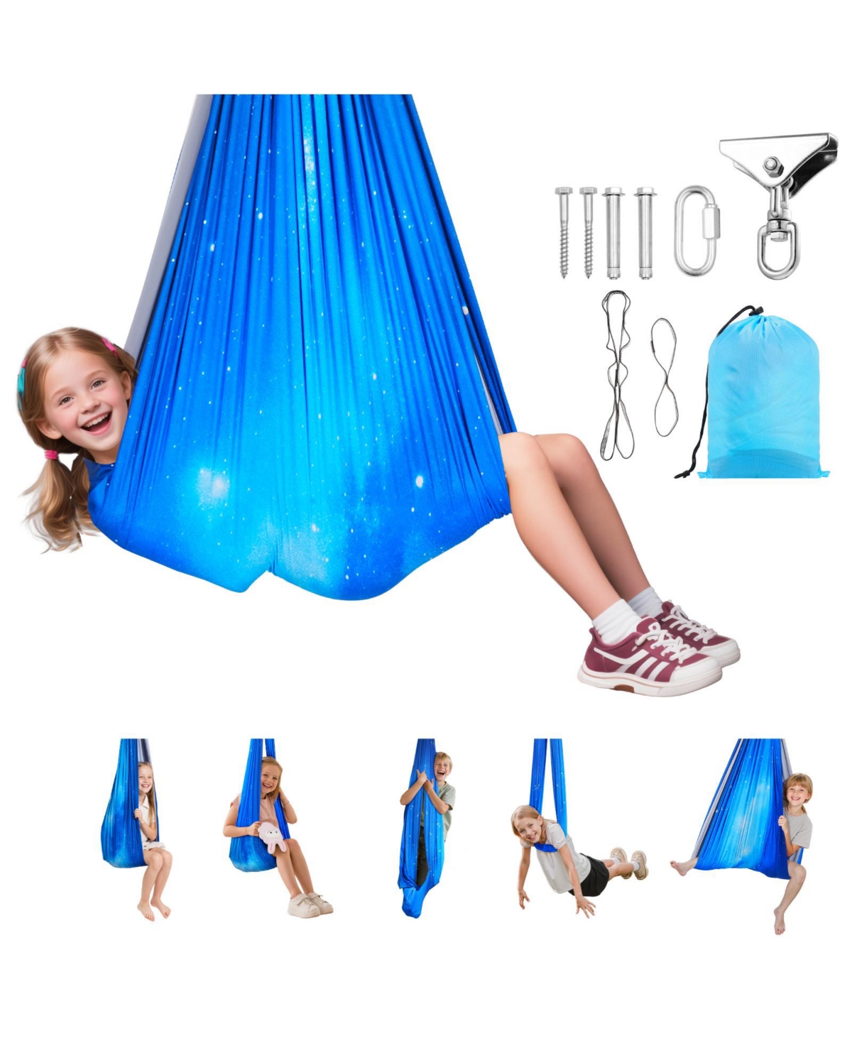 Sevorley Sensory Swing for Kids, Double-Layer Spandex Hammock, 360-Degree Swivel, Holds 300 lbs