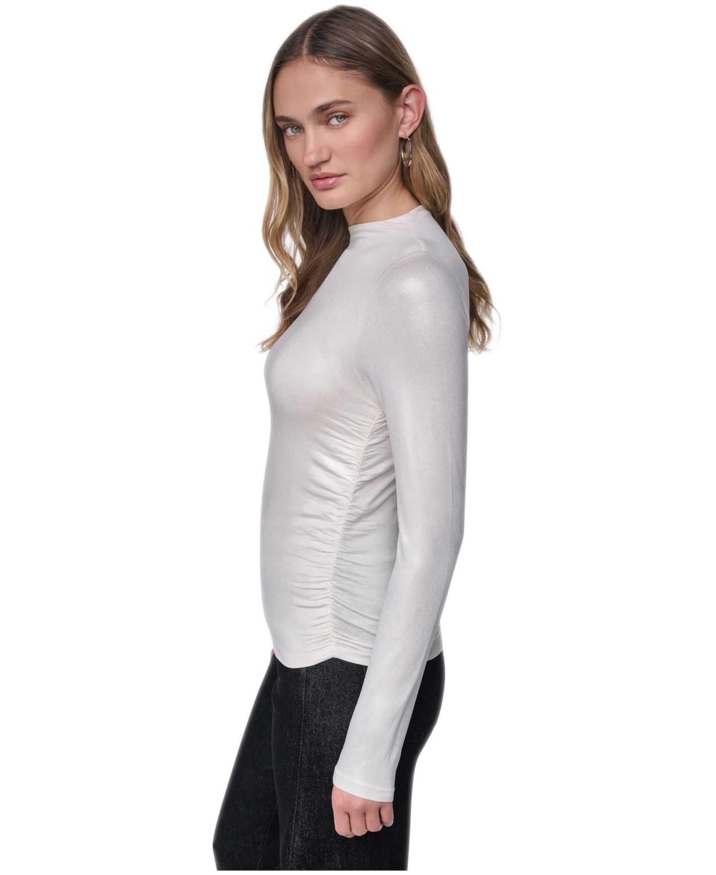 Женский топ DKNY Jeans Ruched Detail Long-Sleeve, цвет: Сливочный / Серебряный — фото 3