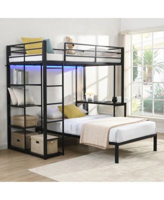  Metal Loft Bed with LED, Desk and Shelves, Twin Size