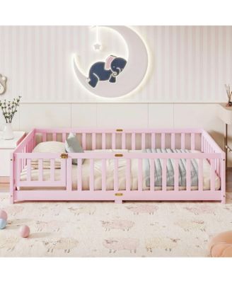  Twin Size Wood Floor Bed with Fence and Door