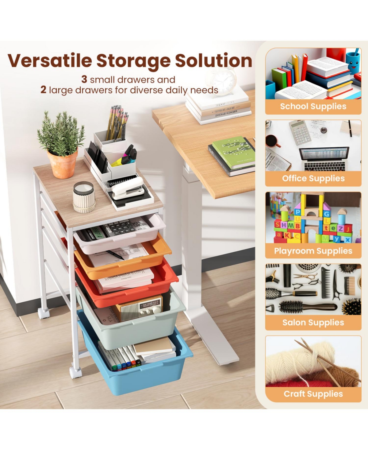 Mecale 5-Drawer Rolling Storage Cart with Wooden Tabletop